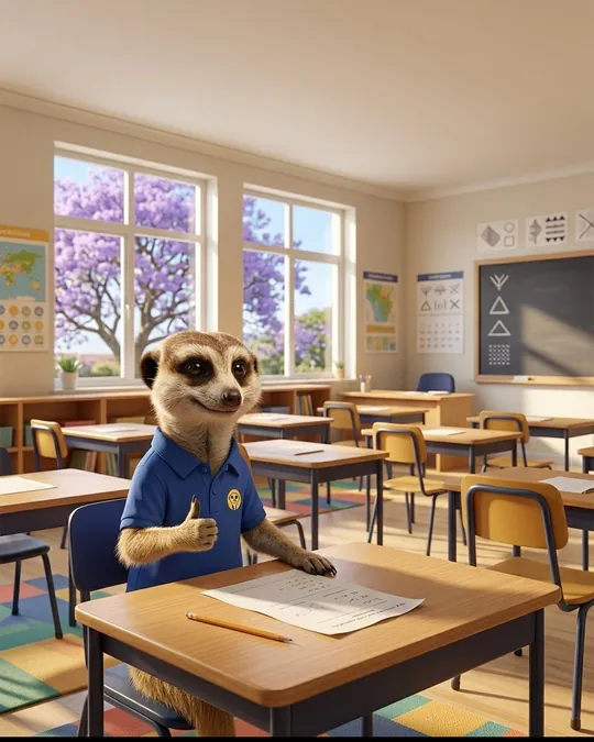 ’n Meerkat in ’n MeerkatSkool-hemp sit in ’n klaskamer en gee ’n duim op, met jakarandas buite die venster