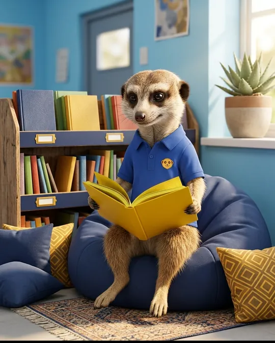 ’n Meerkat lees ’n geel boek op ’n sitsak in die leeshoekie