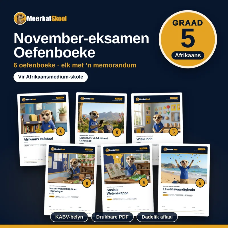 Graad 5 November-eksamen oefenboeke (Afrikaans): elke vak met ’n memorandum