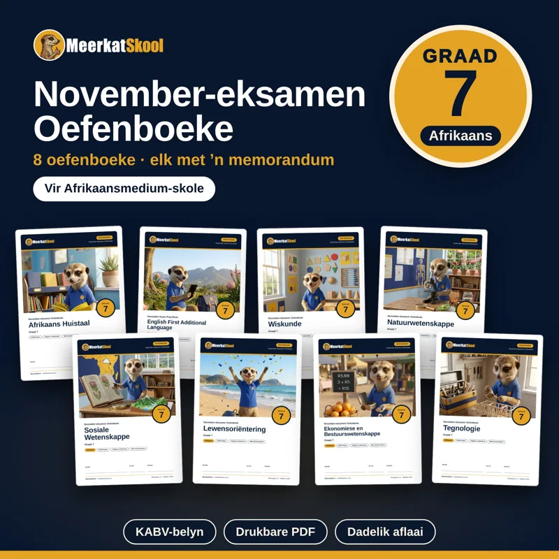 Graad 7 November-eksamen oefenboeke (Afrikaans): elke vak met ’n memorandum