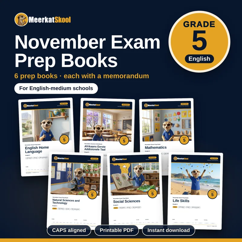 Grade 5 November exam prep books (English): every subject with a memo