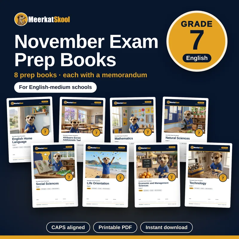 Grade 7 November exam prep books (English): every subject with a memo