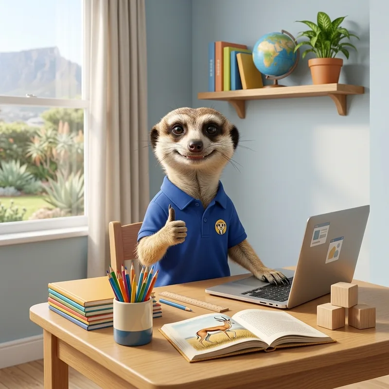 ’n Meerkat in ’n MeerkatSkool-hemp gee ’n duim op by sy lessenaar, met Tafelberg deur die venster