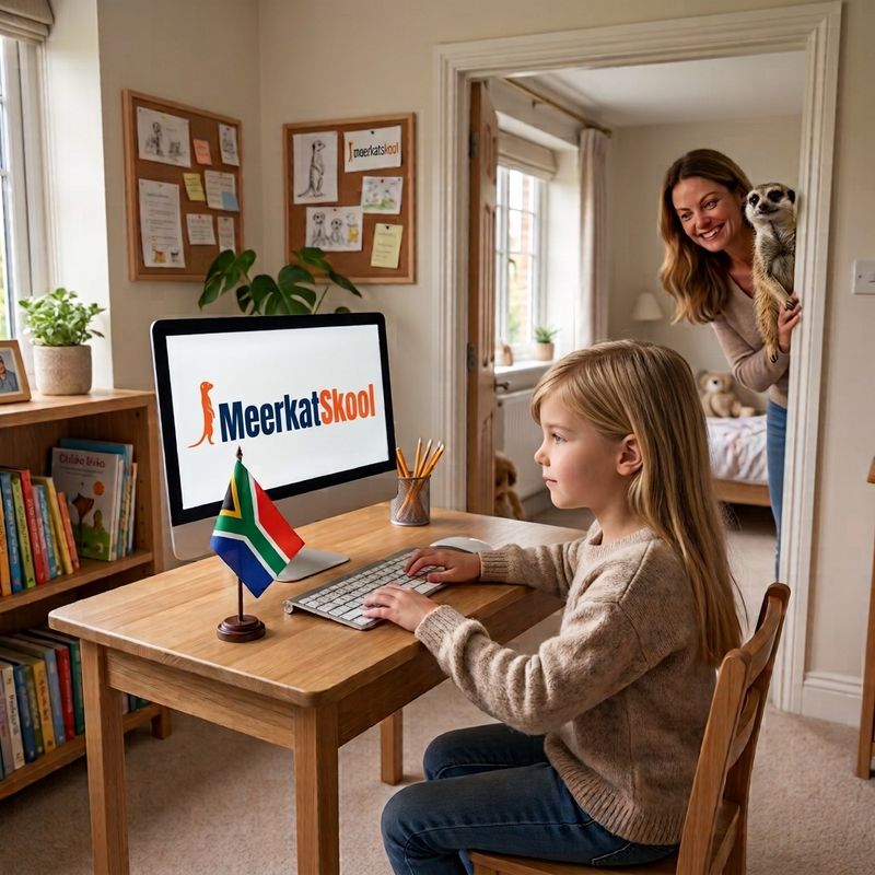 A girl practising for her Grade 5 November exams at the computer while her mother and a meerkat look on